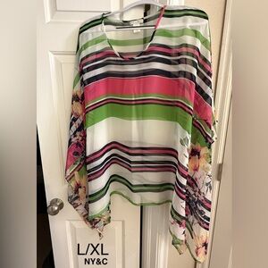 New York & Company Striped Floral Blouse - Pink, Green, White